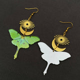 Acrylic Green Moth Gold Plated Moon Sun Dangle Earrings - MS