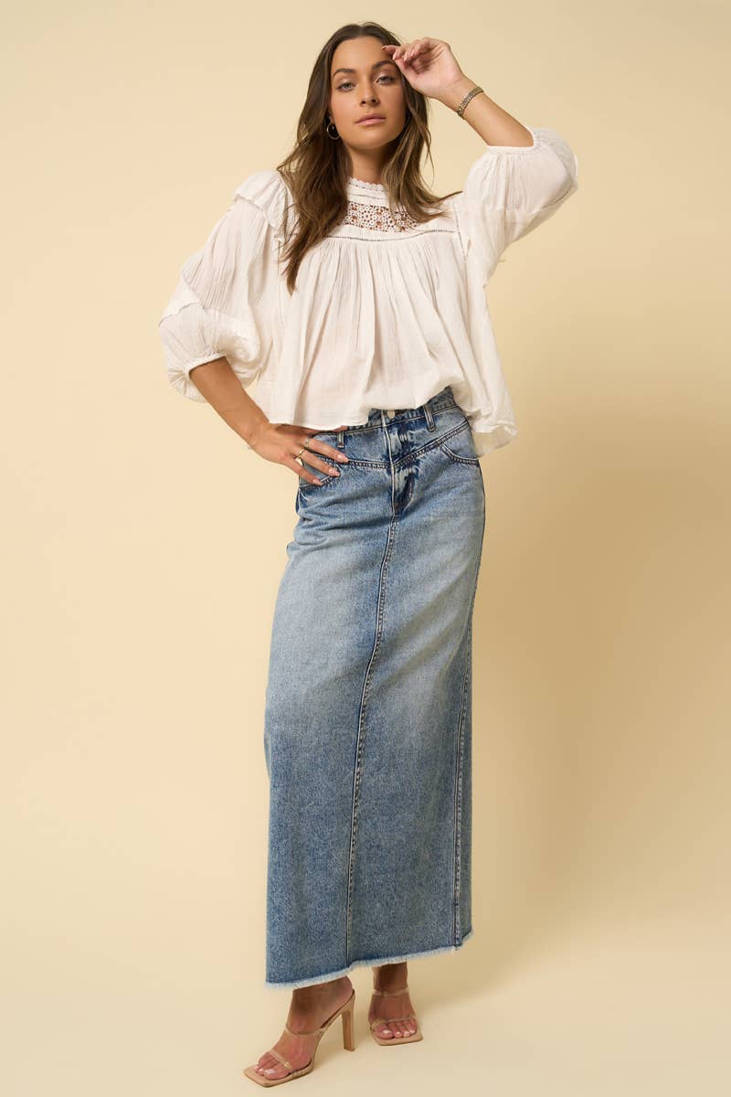 High Rise Flared Denim Maxi Skirt