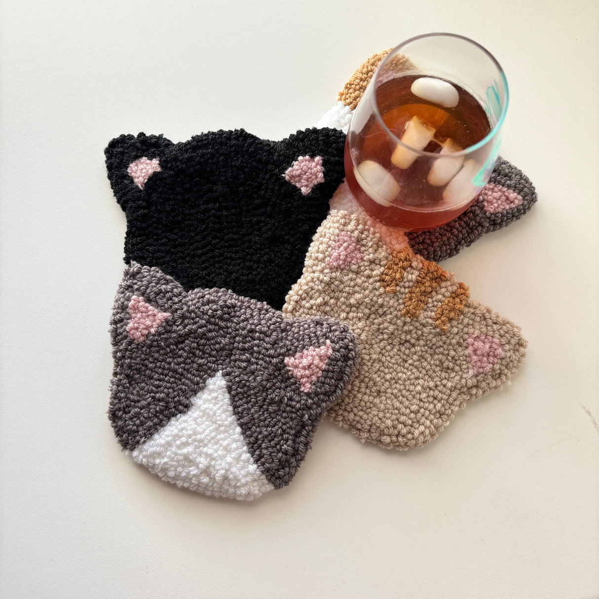 Grey Cat Coaster, Hand Tufted, Punch Needle Mug Rug