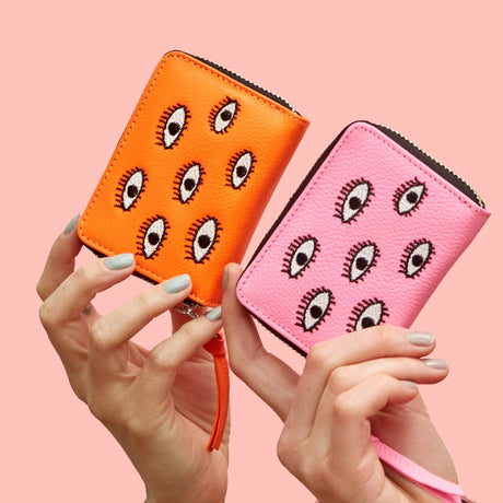 Frodo Neon Orange Leather Zip Around Wallet - All Over Eyes Embroidery