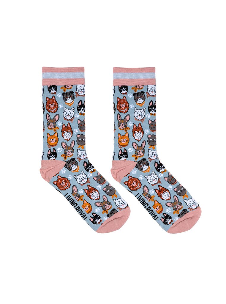 Women's Bamboo Crew Socks - Cat Heads - Pink & Blue