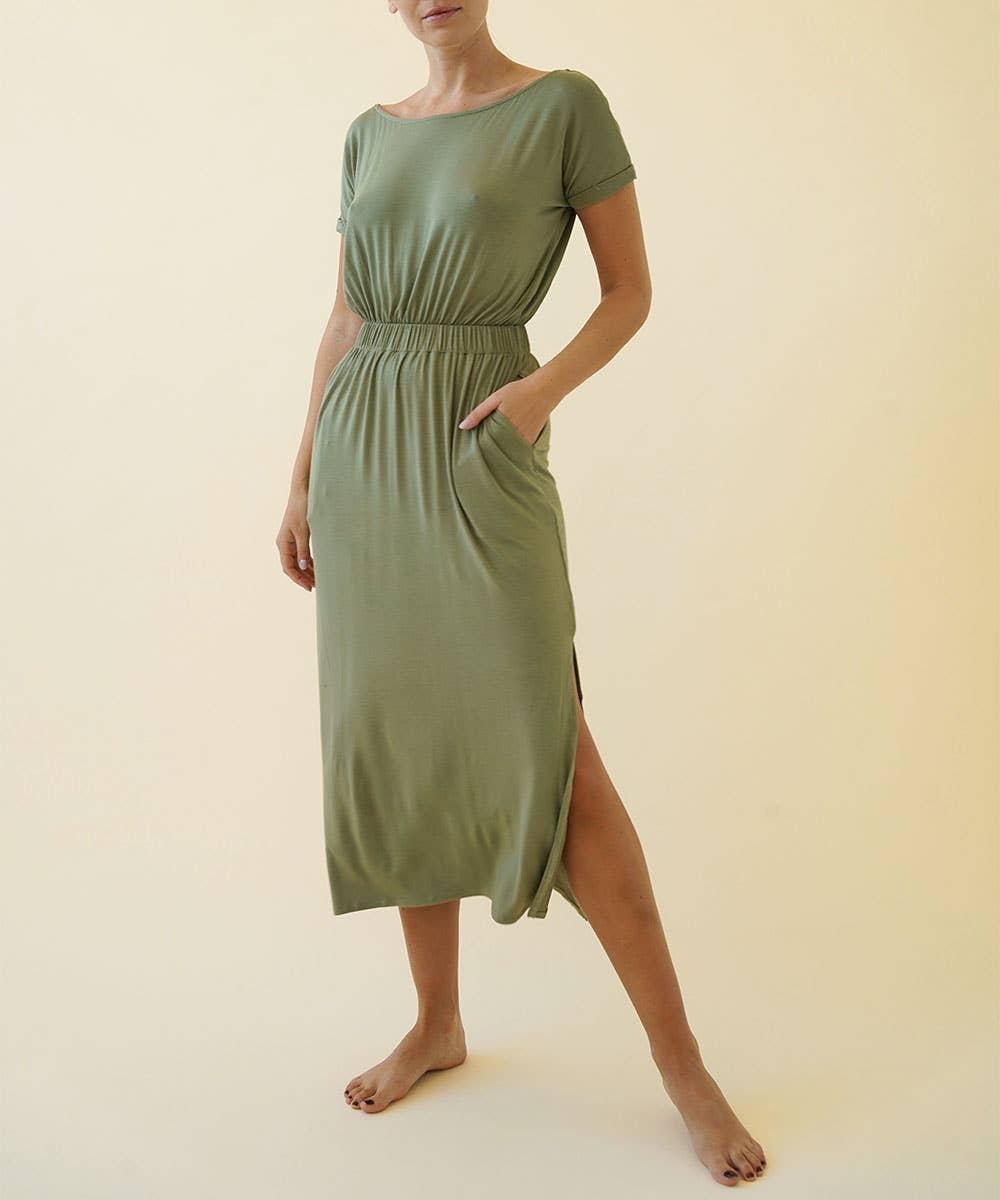 Olive Bamboo Casual Dress With Pockets