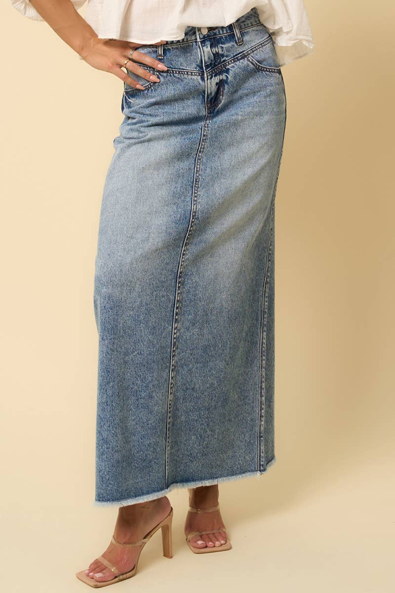 High Rise Flared Denim Maxi Skirt