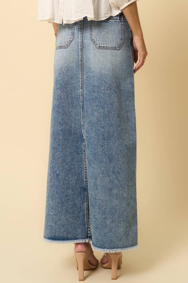 High Rise Flared Denim Maxi Skirt