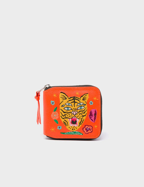 Fedor Vermillion Leather Wallet - Tiger and Flowers