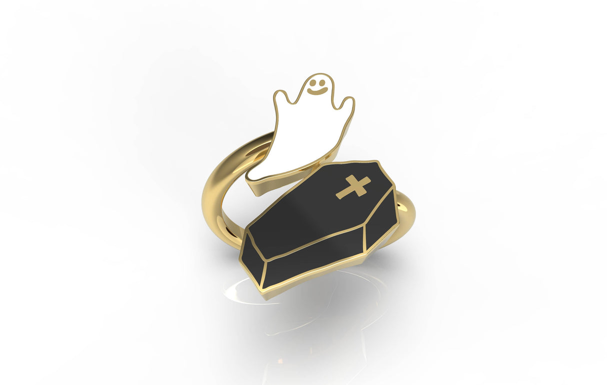 Ghost + Coffin Adjustable Ring 18k Gold Gild