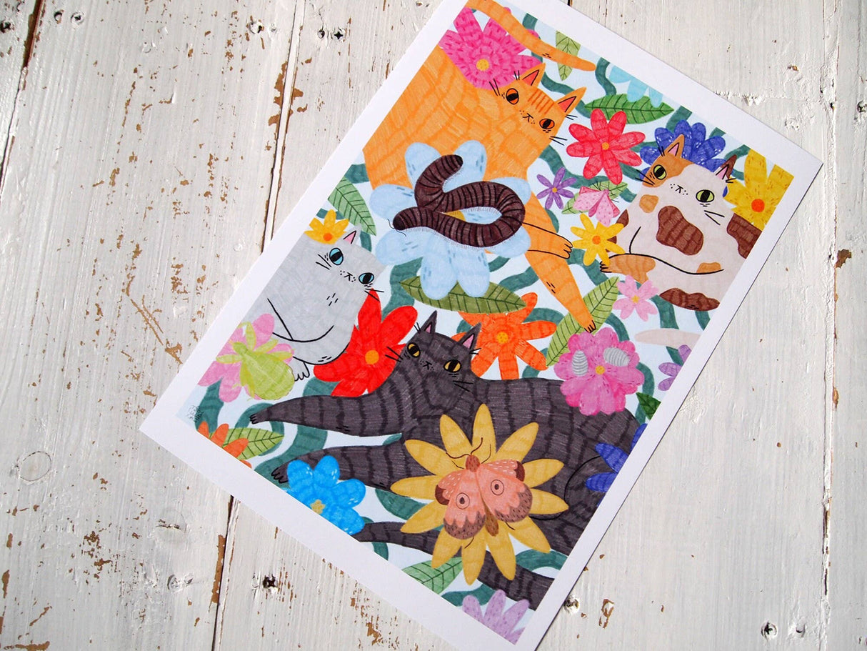 Cats, Bugs and Flowers A4 Art Print