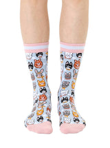 Women's Bamboo Crew Socks - Cat Heads - Pink & Blue