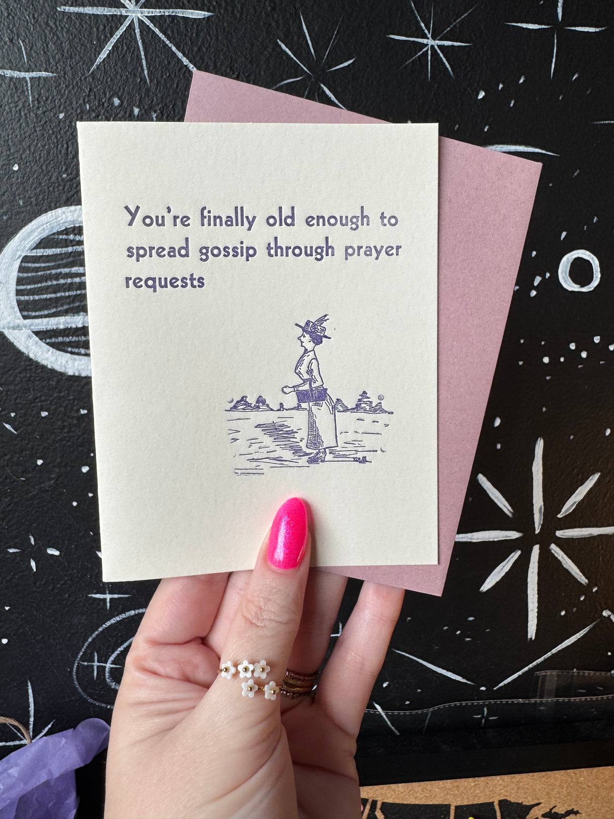 Gossip via Prayer Request Letterpress Birthday Card