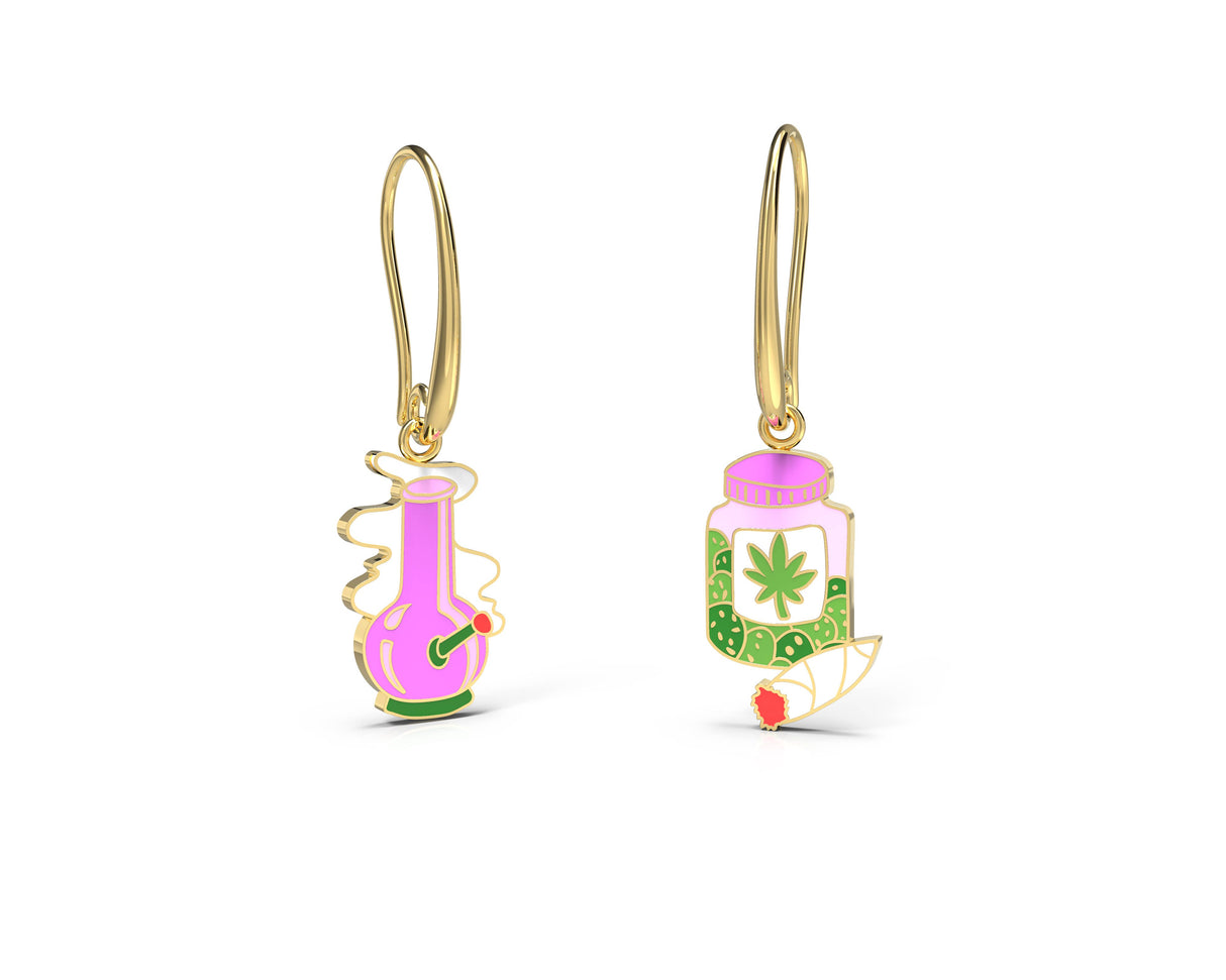 18k Gold Bong & Weed Earrings