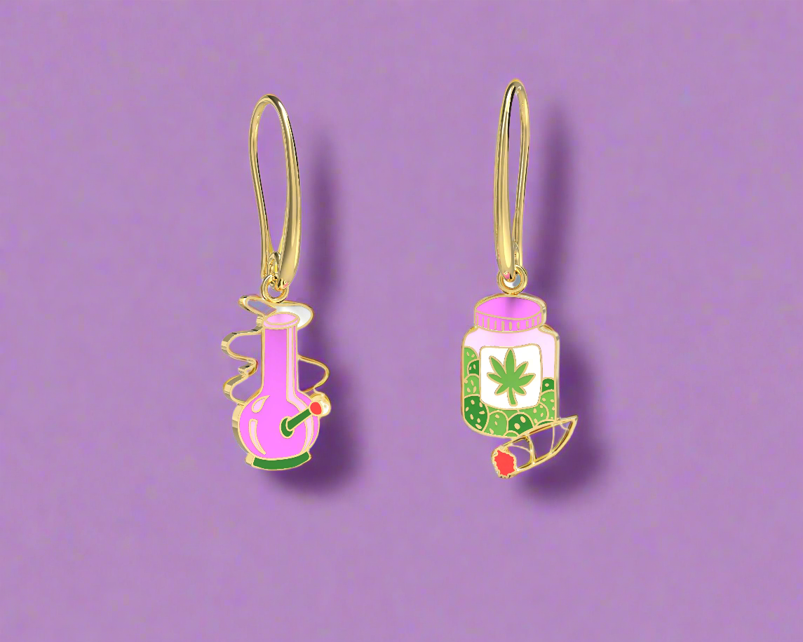 18k Gold Bong & Weed Earrings