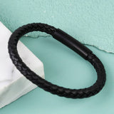 Men's Black Leather Bracelet With Matt Black Clasp