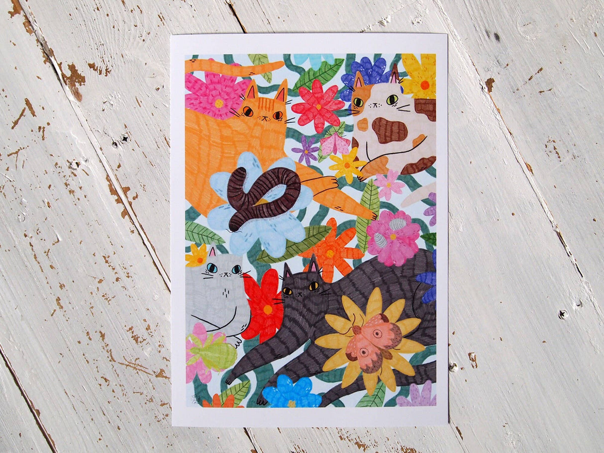 Cats, Bugs and Flowers A4 Art Print