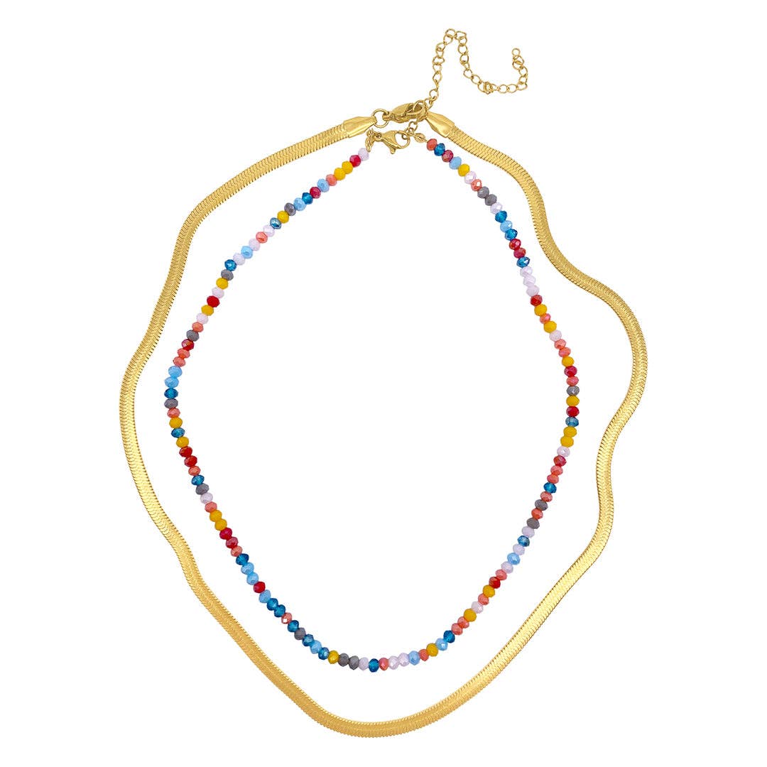 Colorful Bead + Gold Herringbone Double Necklace