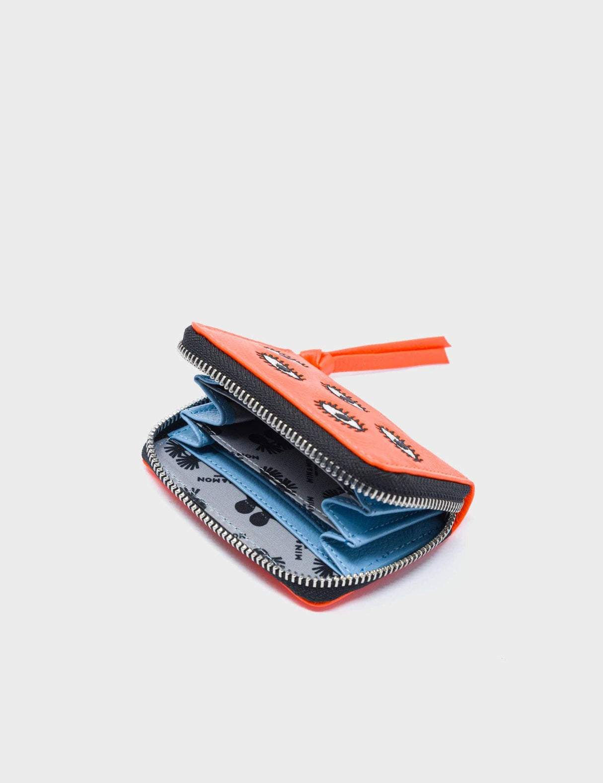Frodo Neon Orange Leather Zip Around Wallet - All Over Eyes Embroidery
