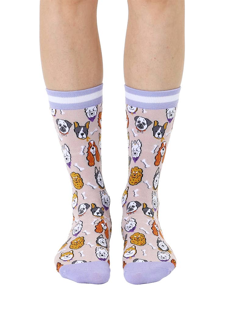 Women's Bamboo Crew Socks - Dog Heads - Tan & Purple