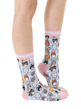 Women's Bamboo Crew Socks - Cat Heads - Pink & Blue