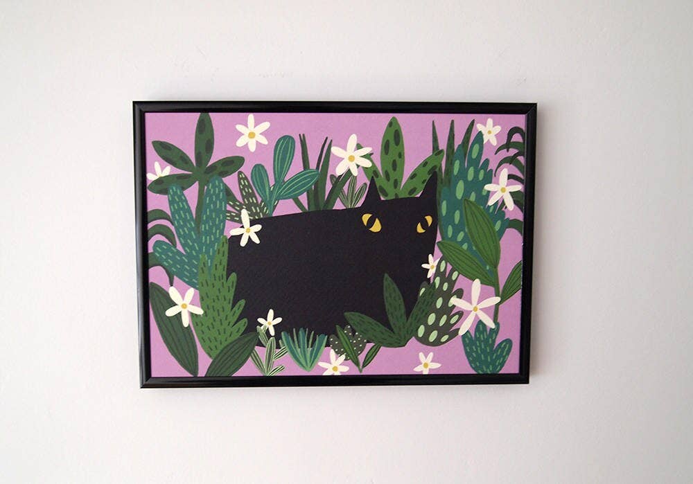 Black Cat and Plants Art Print