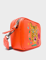 Verto Crossbody Vermillion Orange Leather Handbag - Tiger and Flowers Embroidery