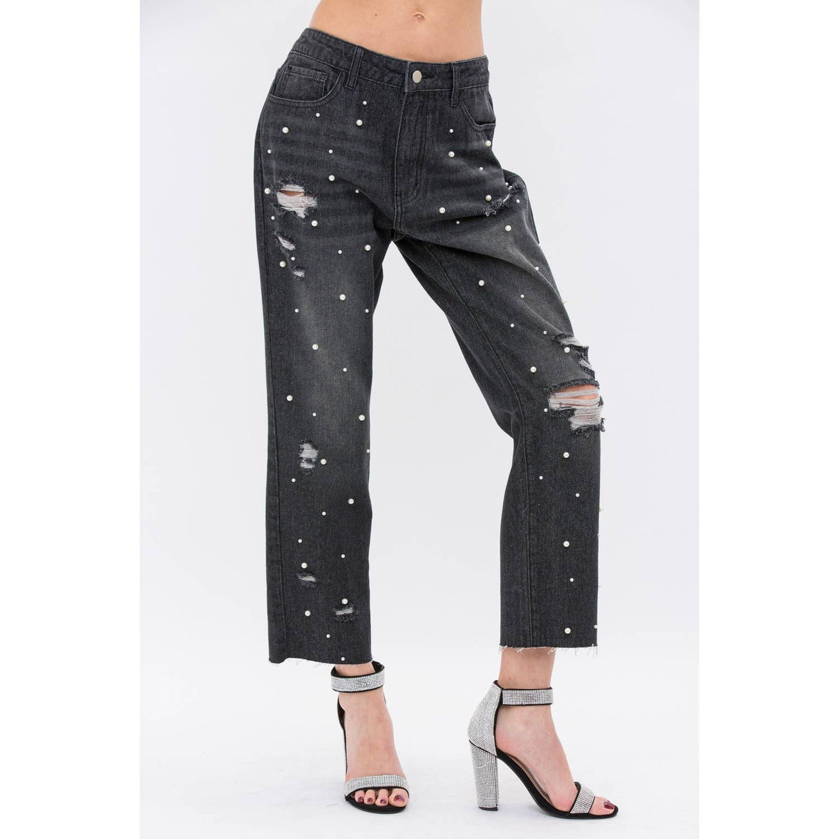 Pearl Embellished Front Rip Jeans