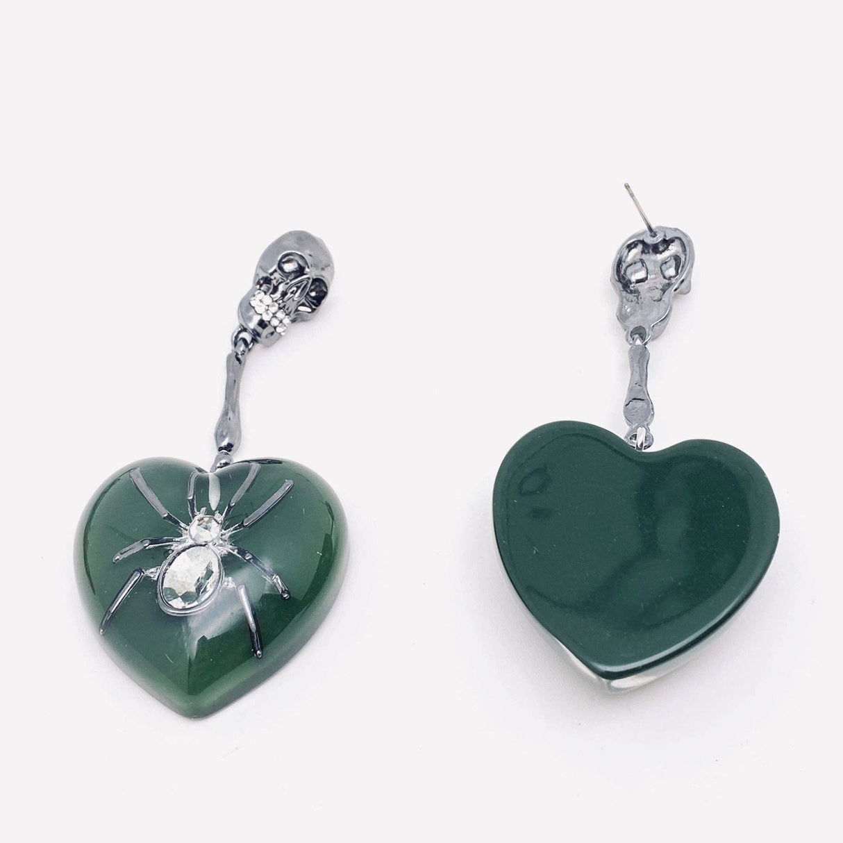 Gothic Spider Heart Shaped Charm Skull Post Earrings - GT
