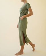 Olive Bamboo Casual Dress With Pockets