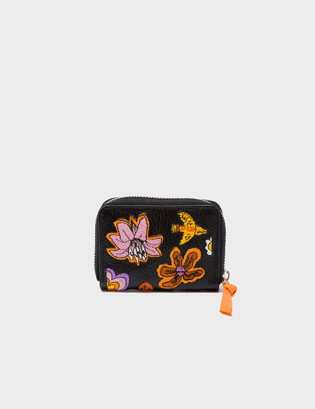 Frodo Black Leather Zip Around Wallet - Vintage Bloom Embroidery
