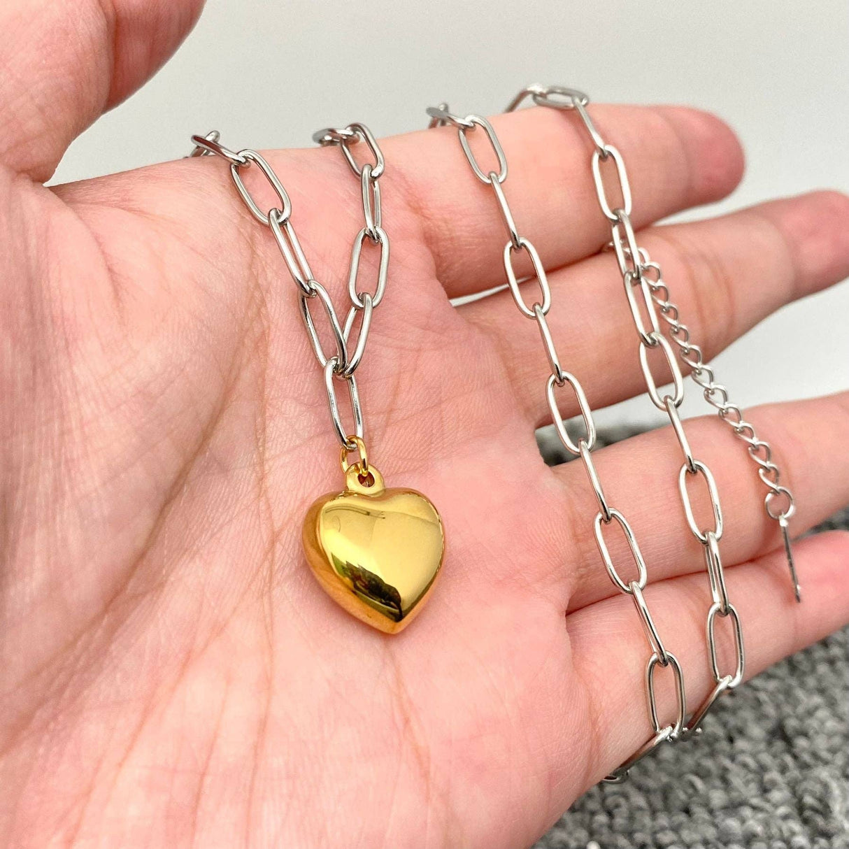 18K Gold Plated Heart Charm Steel Chain Paperclip Chain Necklace