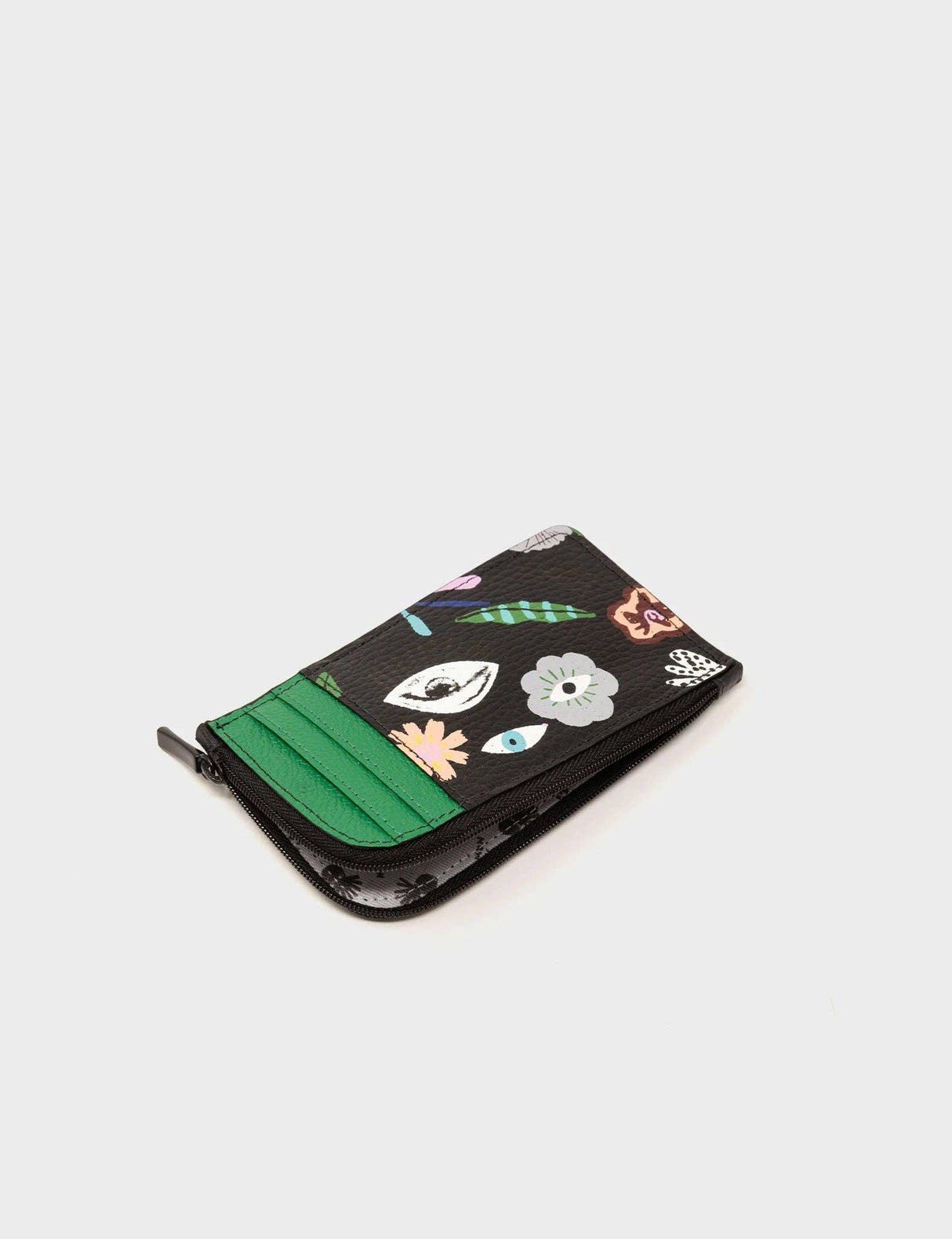 Fausto Black Leather Zip-around Cardholder - Floralia Print