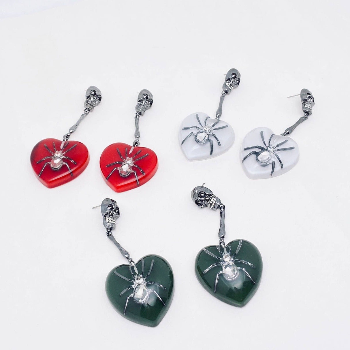 Gothic Spider Heart Shaped Charm Skull Post Earrings - GT