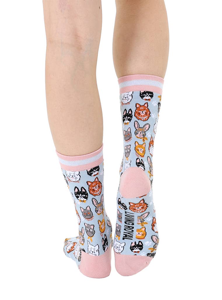 Women's Bamboo Crew Socks - Cat Heads - Pink & Blue