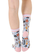 Women's Bamboo Crew Socks - Cat Heads - Pink & Blue