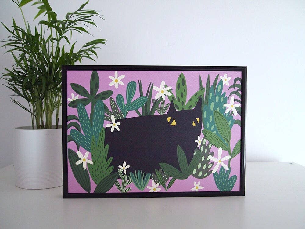 Black Cat and Plants Art Print