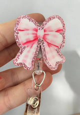 Pink glitter bow badge reel - Coquette badge holder 