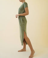 Olive Bamboo Casual Dress With Pockets