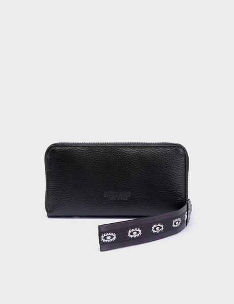 Francis Black Leather Wallet - Vintage Bloom Embroidery