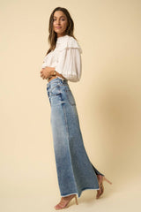 High Rise Flared Denim Maxi Skirt