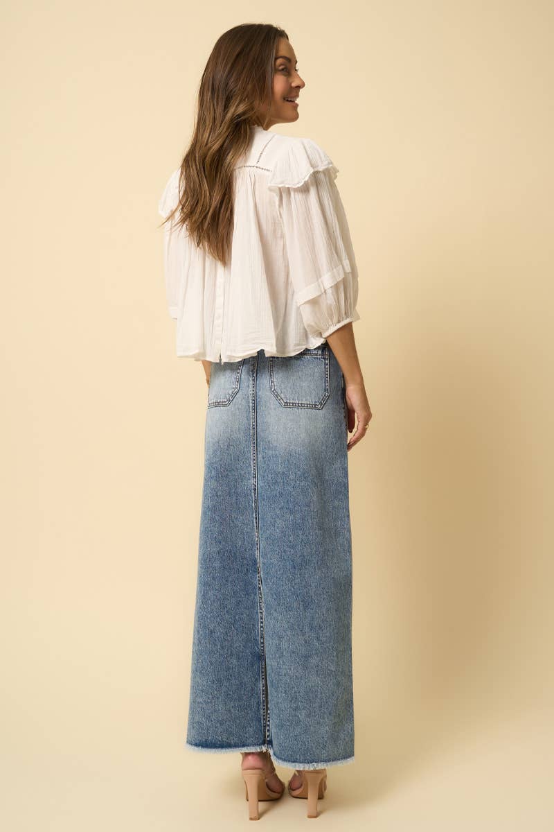 High Rise Flared Denim Maxi Skirt