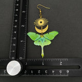 Acrylic Green Moth Gold Plated Moon Sun Dangle Earrings - MS