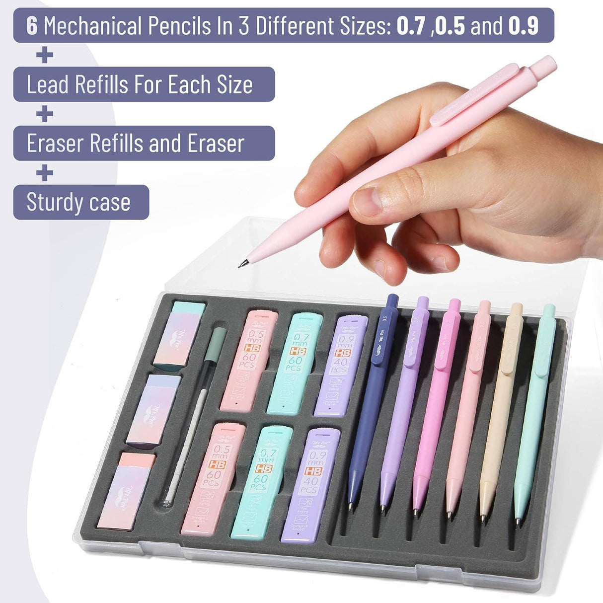 Pastel Mechanical Pencil Set w/ Lead Refills & Erasers, 6 Pack, 3 Sizes, 0.5 0.7 & 0.9mm, Aesthetic Mechanical Pencils Set