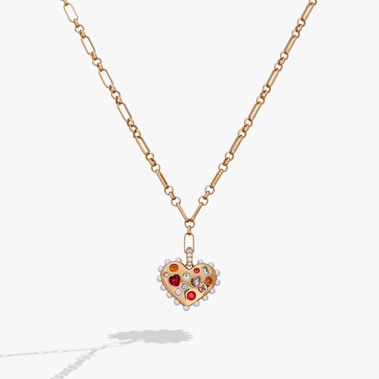 Puffy Heart Gemstone And Pearl Pendant Necklace