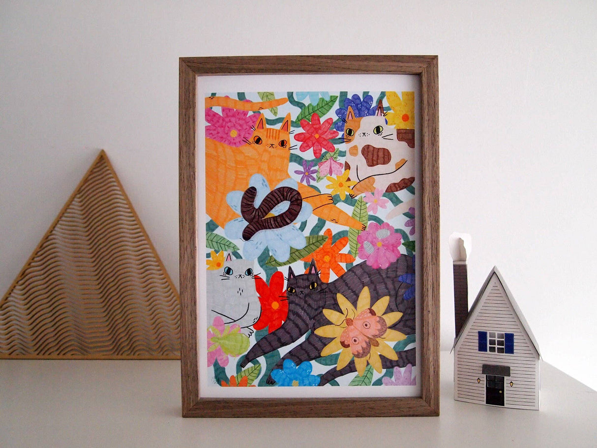 Cats, Bugs and Flowers A4 Art Print
