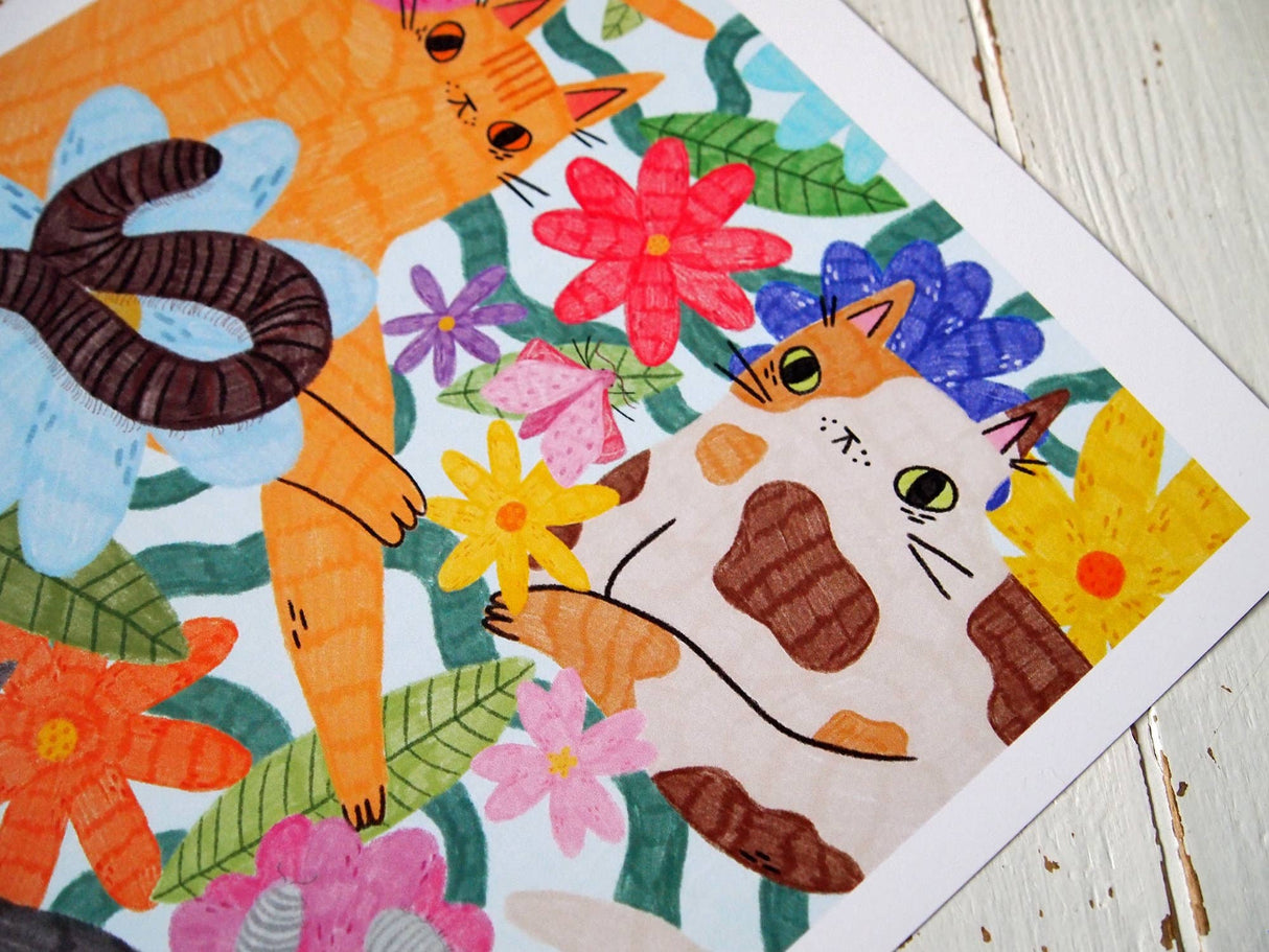 Cats, Bugs and Flowers A4 Art Print