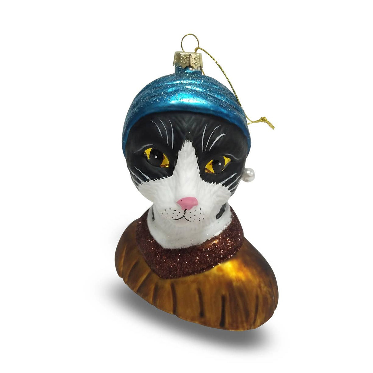 Tuxedo Cat with a Pearl Earring Glass Ornament