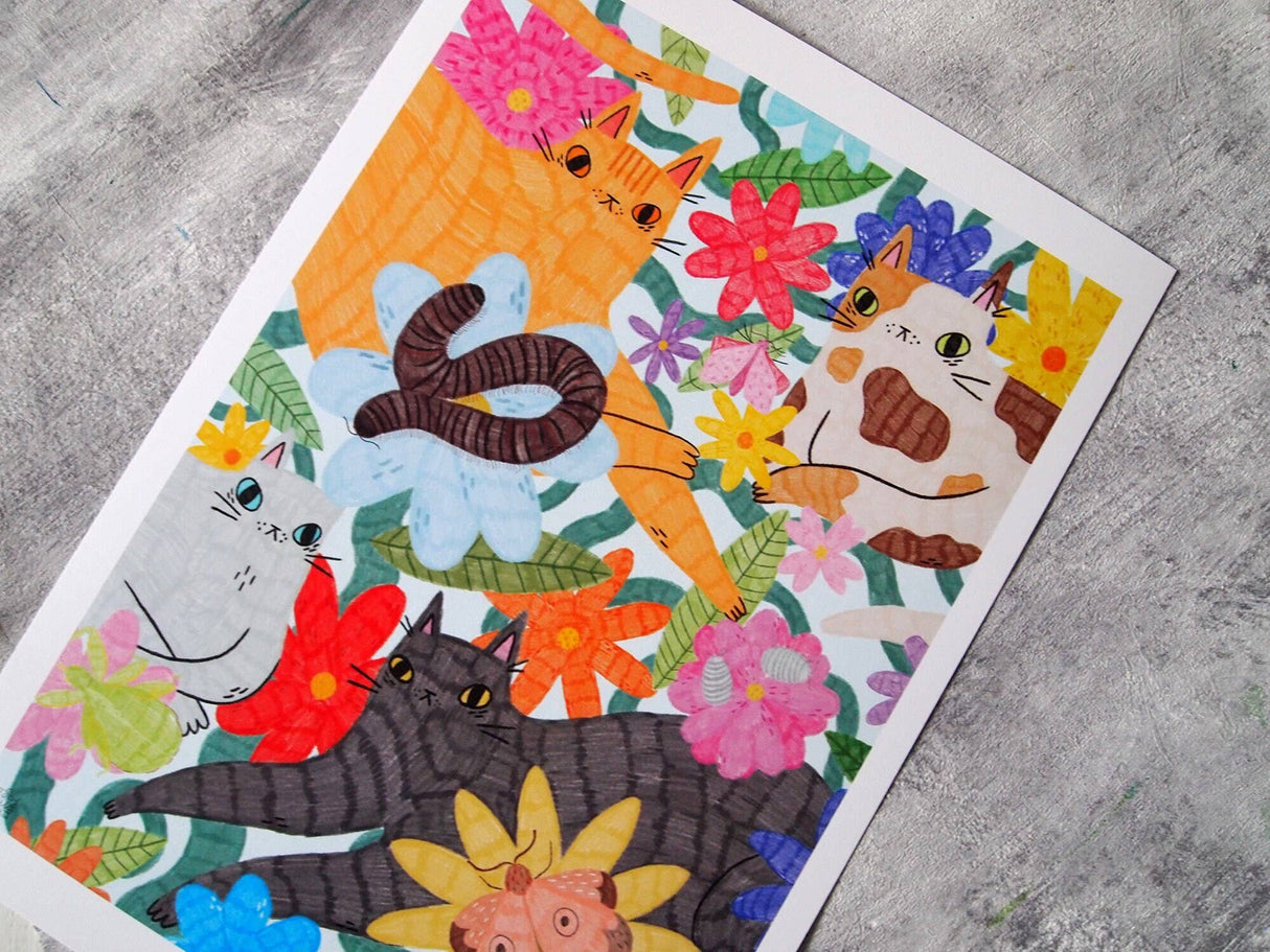 Cats, Bugs and Flowers A4 Art Print