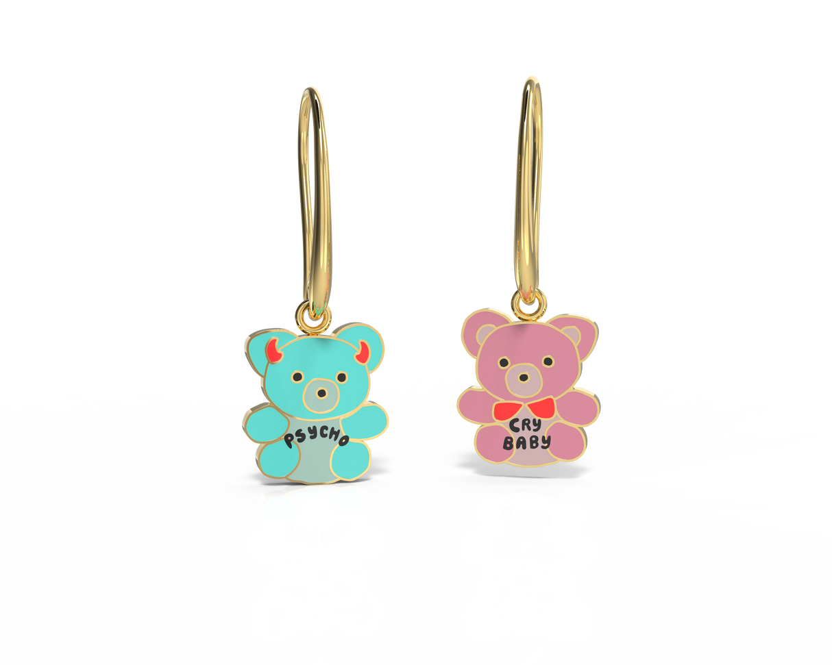 Cry Baby Psycho Teddies Earrings - Gold Statement Jewelry