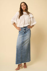 High Rise Flared Denim Maxi Skirt