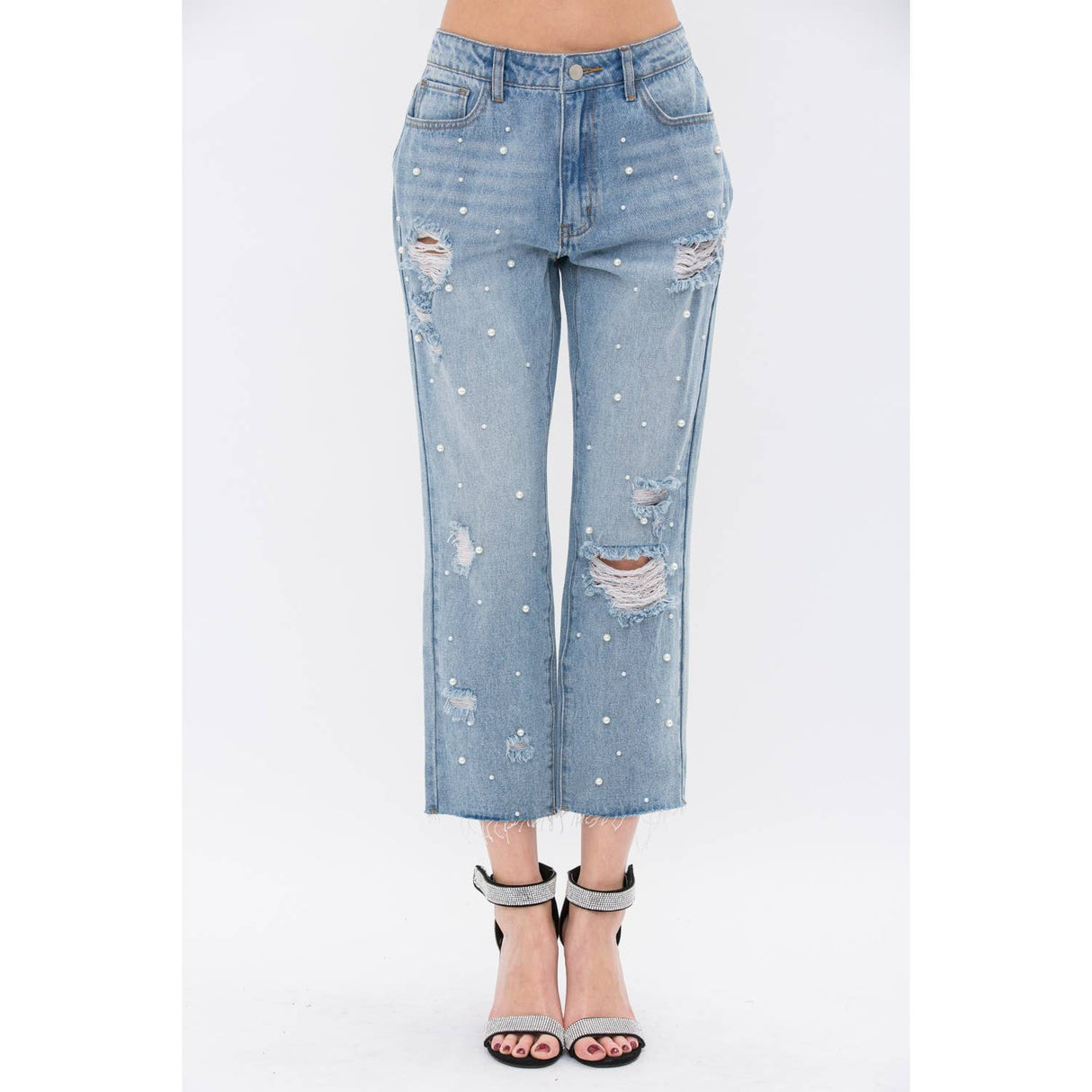 Pearl Embellished Front Rip Jeans